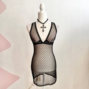 Vintage Black Polka Dot Mesh Babydoll Dress Y2K Fairy Grunge Indie Sleaze Medium